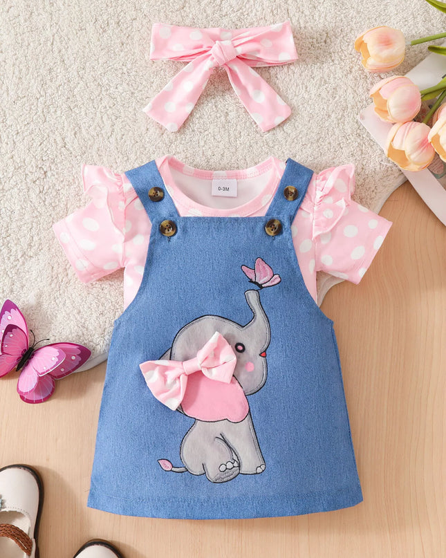 Children's Polka Dot Bodysuit & Denim Overall Dress & Headband Set