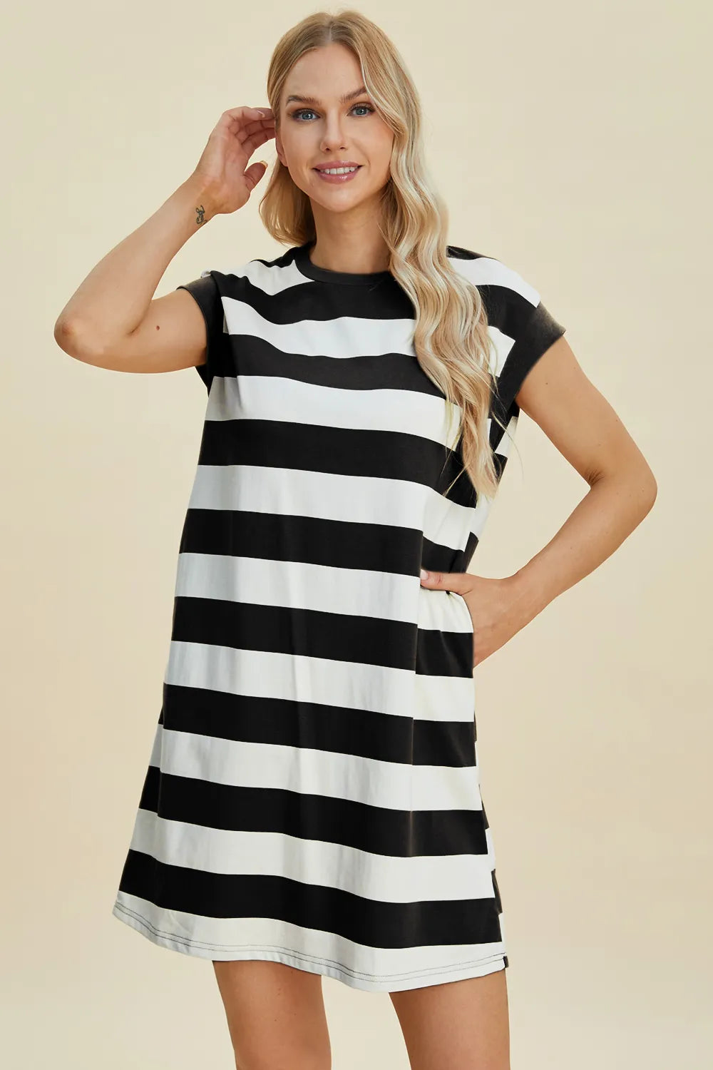 Basic Bae Full Size Striped Round Neck Cap Sleeve Mini Dress Black