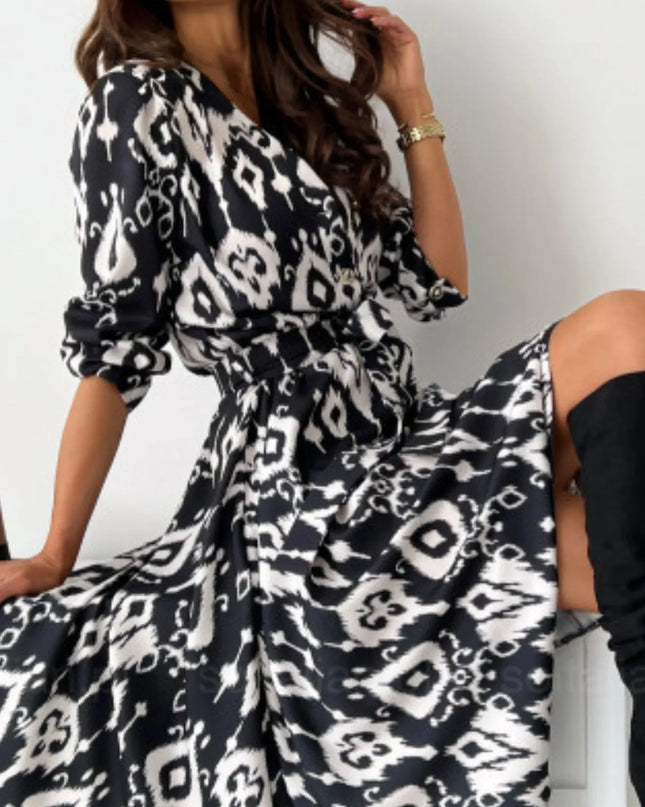 Printed Tie Waist Midi Dress 