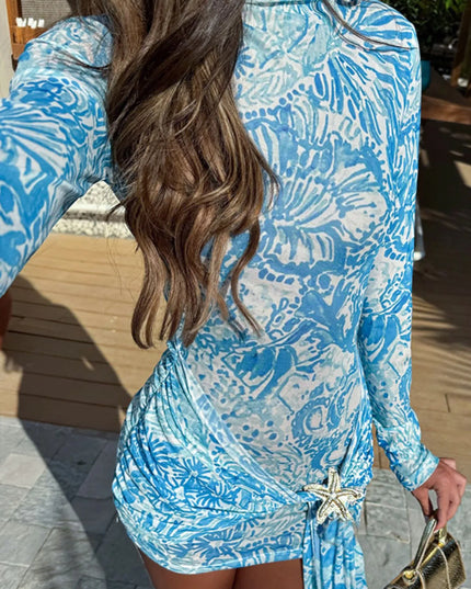 Printed Mock Neck Long Sleeve Mini Dress
