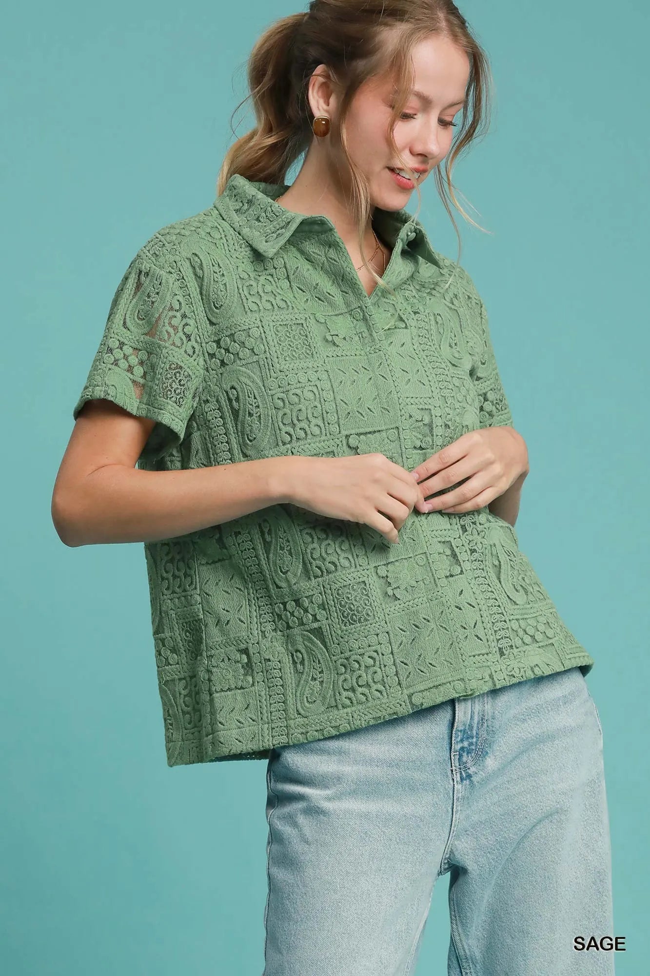 Umgee Patch Lace Short Sleeve Button Down Shirt Sage
