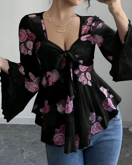 Floral Tie Front Flare Sleeve Blouse Black