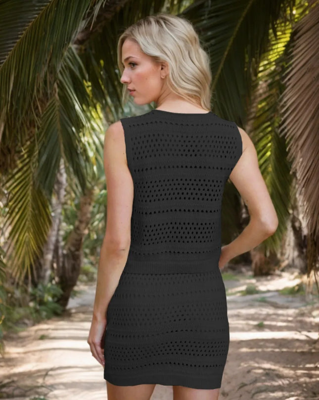 Openwork V-Neck Top and Skirt Knit Cover Up Set