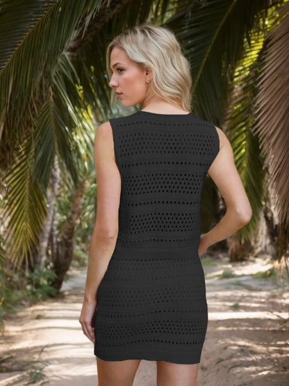 Openwork V-Neck Top and Skirt Knit Cover Up Set