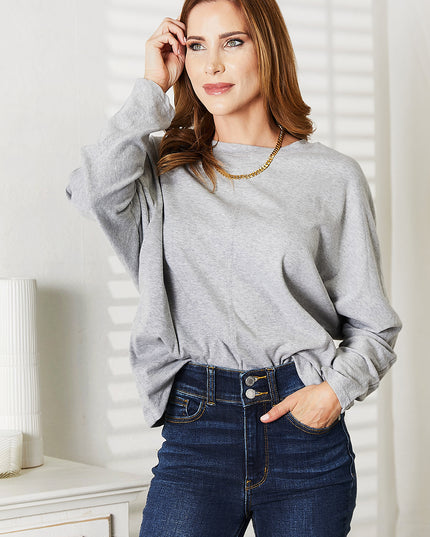 Double Take Seam Detail Round Neck Long Sleeve Top Light Gray