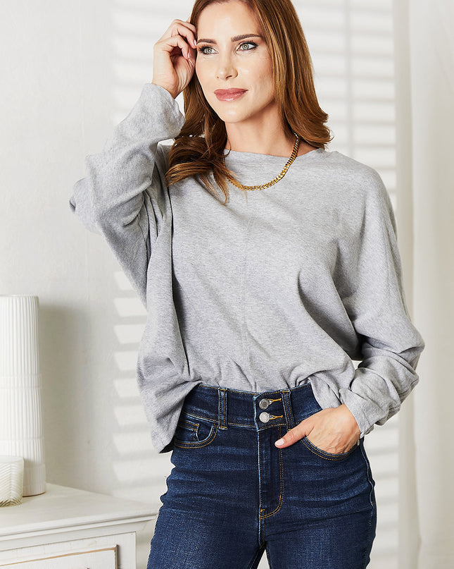 Double Take Seam Detail Round Neck Long Sleeve Top Light Gray