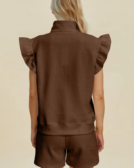 Double Take Full Size Texture Flounce Sleeve Top and Shorts Set