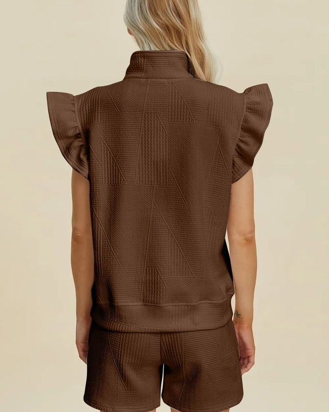 Double Take Full Size Texture Flounce Sleeve Top and Shorts Set