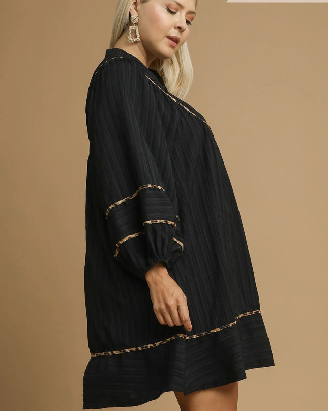 Umgee Full Size Textured Babydoll Dress with Leopard Trim Plus Size