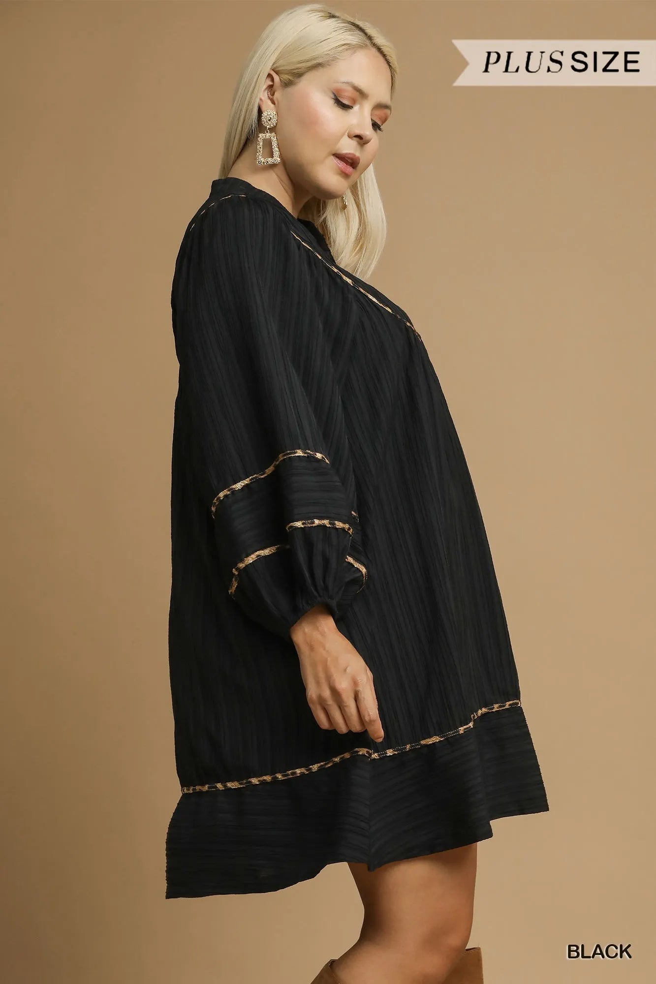 Umgee Full Size Textured Babydoll Dress with Leopard Trim Plus Size