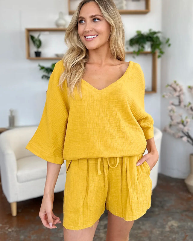 Double Take Texture Half Sleeve T-Shirt and Drawstring Shorts Set