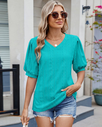 Eyelet V-Neck Puff Sleeve Casual Top 