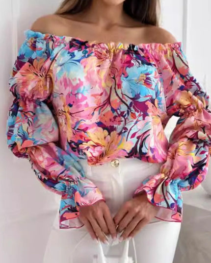 Off-Shoulder Floral Ruffle Blouse with Elastic Neckline Pastel Blue