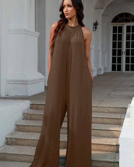 Double Take Full Size Tie Back Cutout Sleeveless Jumpsuit