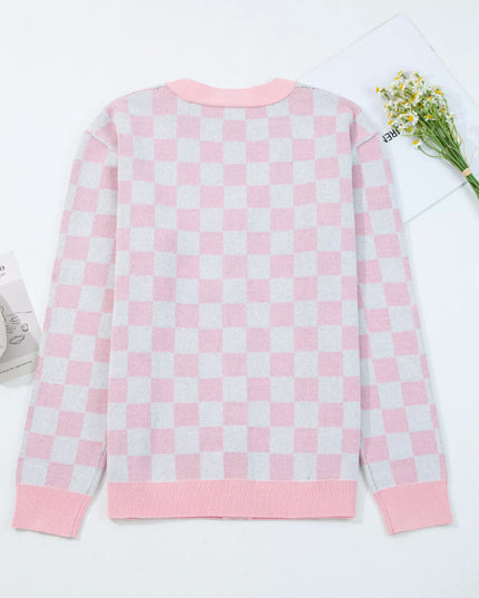 Christmas Tree Pattern Checkered Button V Neck Cardigan