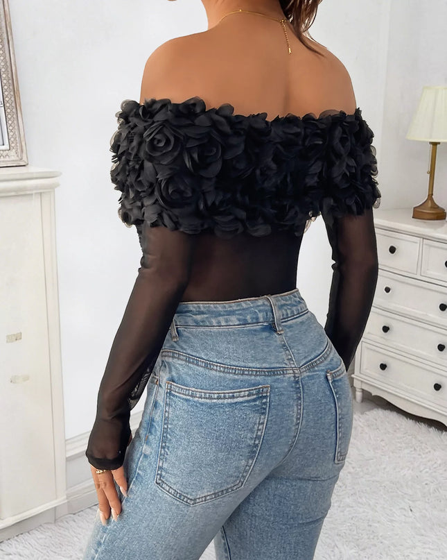 Flower Off-Shoulder Mesh Bodysuit