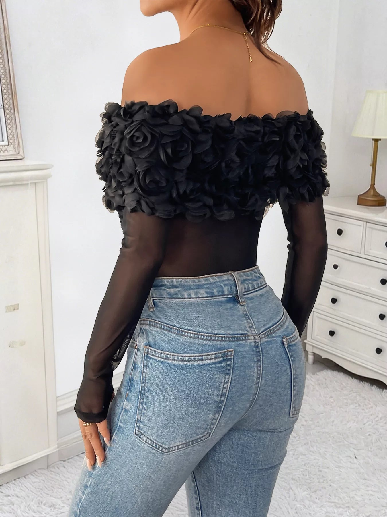 Flower Off-Shoulder Mesh Bodysuit