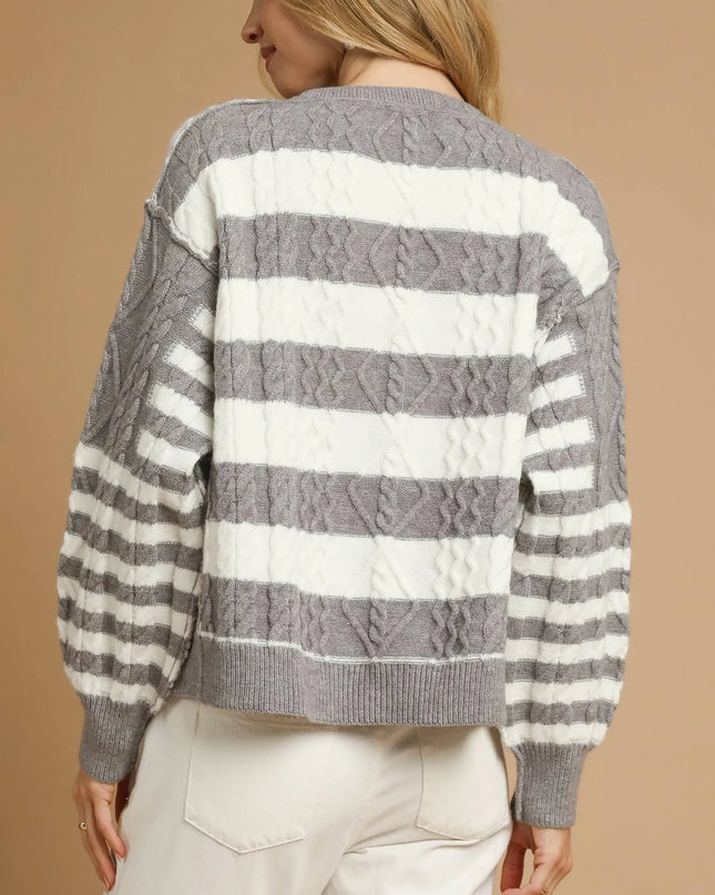 Umgee Cable-Knit Stripe Button-Up Cardigan