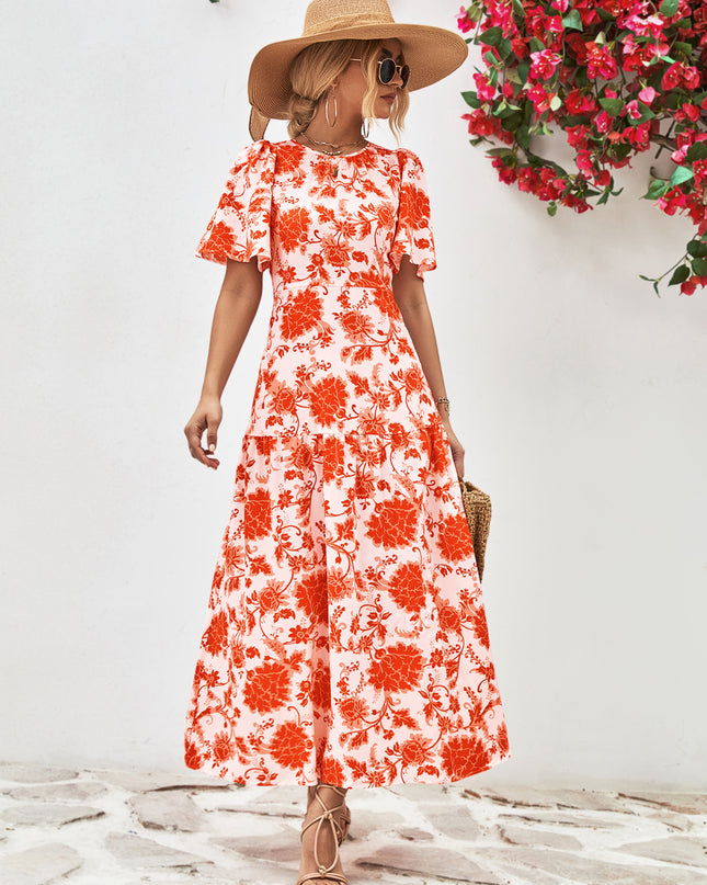 Floral Round Neck Tied Open Back Dress