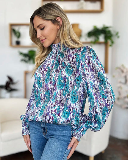 Double Take Full Size Printed Smocked Long Sleeve Blouse