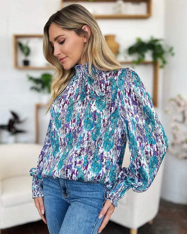 Double Take Full Size Printed Smocked Long Sleeve Blouse