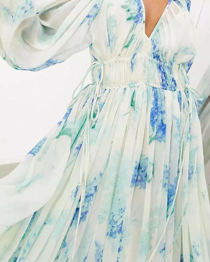 Floral Print Bohemian Maxi Dress with Balloon Sleeves 