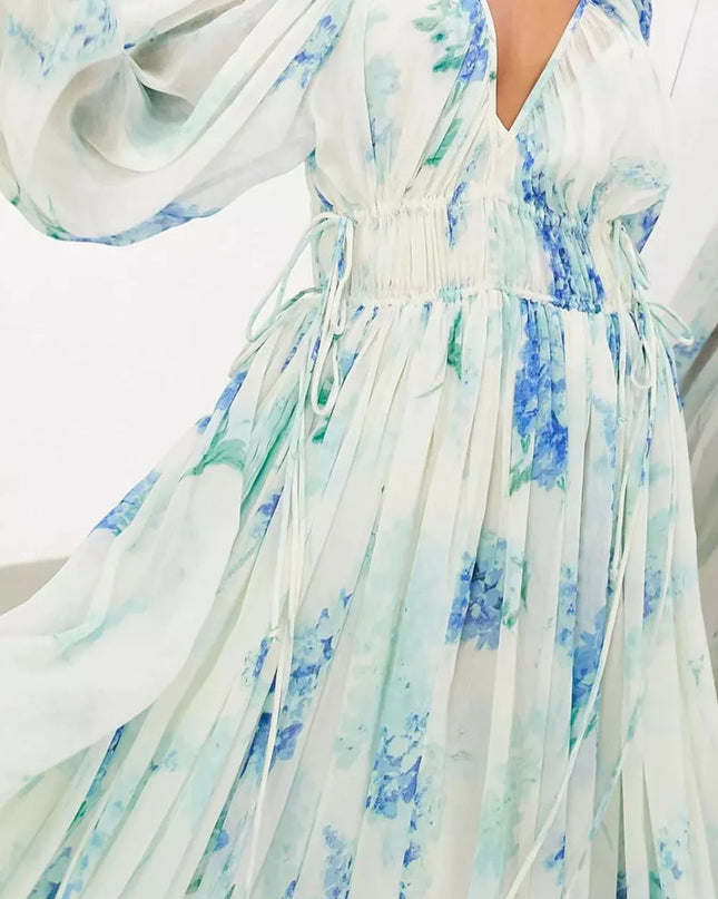 Floral Print Bohemian Maxi Dress with Balloon Sleeves 