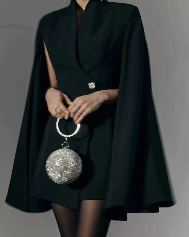 One Button Fitted Mini Blazer Dress with Cape Sleeves