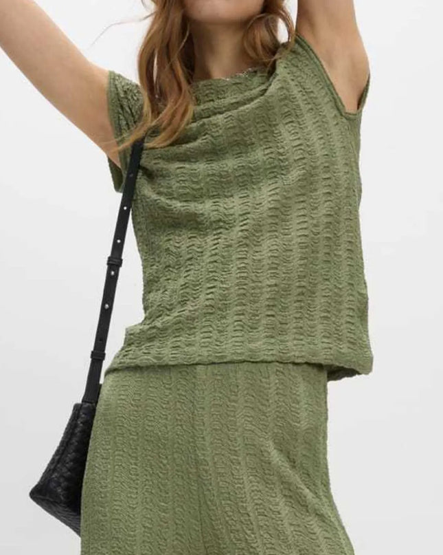 Round Neck Cap Sleeve Top and Pants Set Top