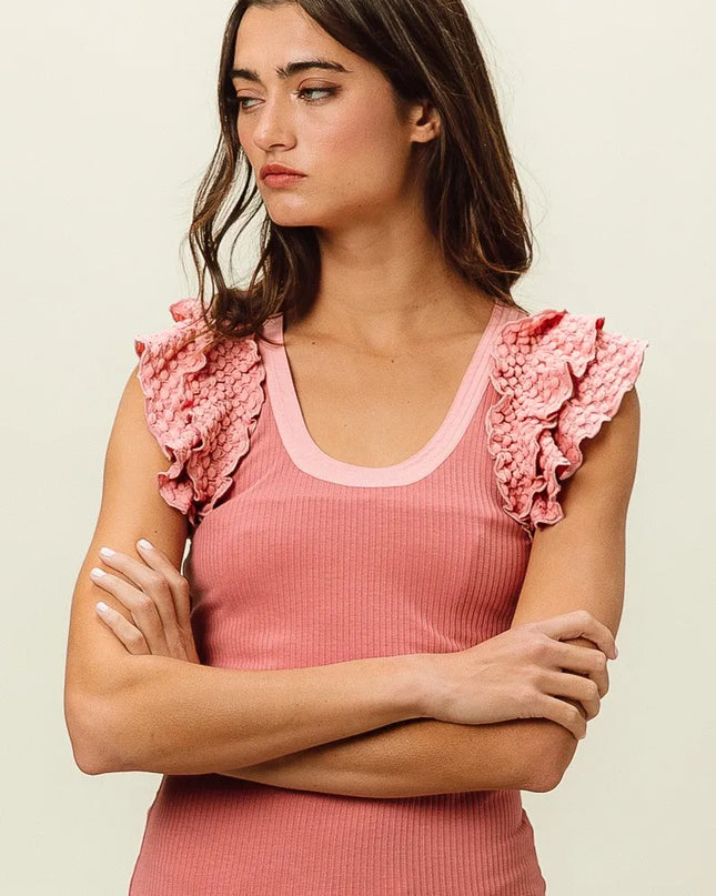BiBi Rib Knit With Textured Ruffled Top