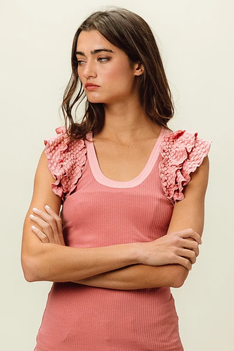 BiBi Rib Knit With Textured Ruffled Top