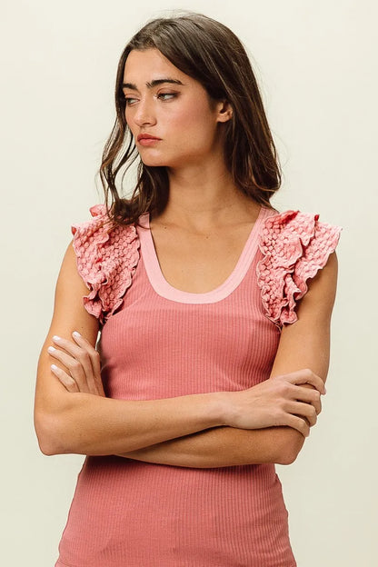 BiBi Rib Knit With Textured Ruffled Top