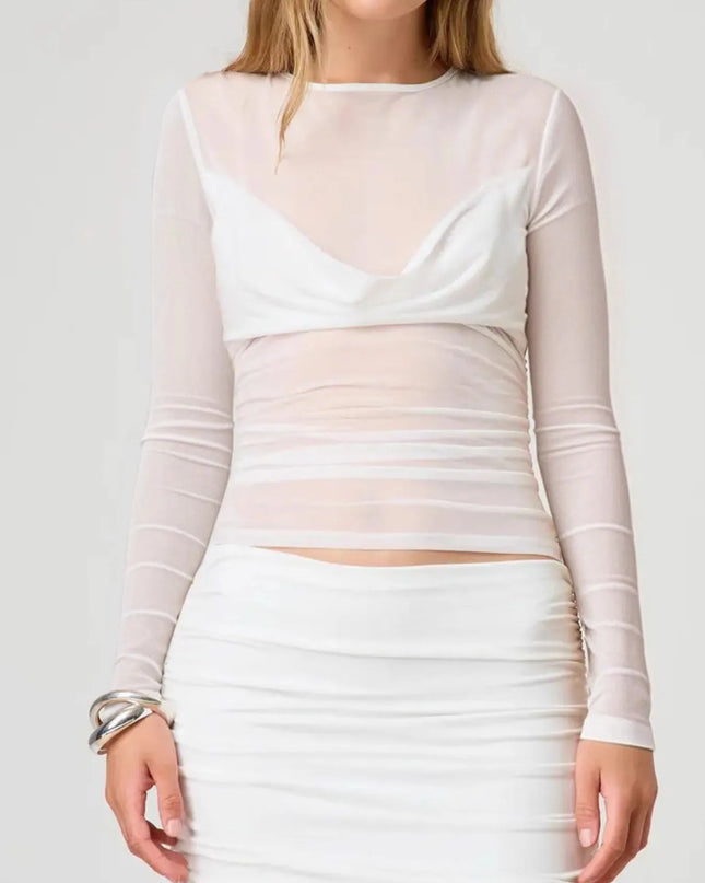 Ruched Mesh Long Sleeve Top White