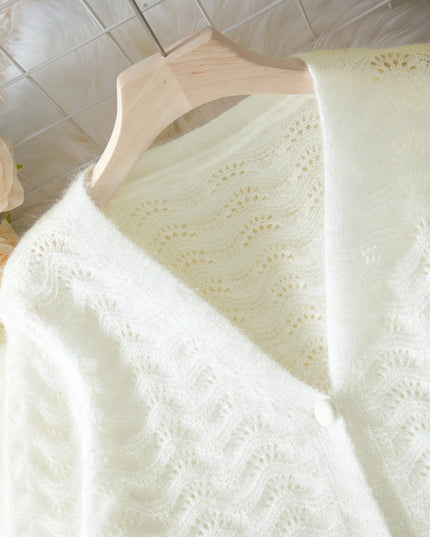 Openwork V-Neck Button Down Cardigan