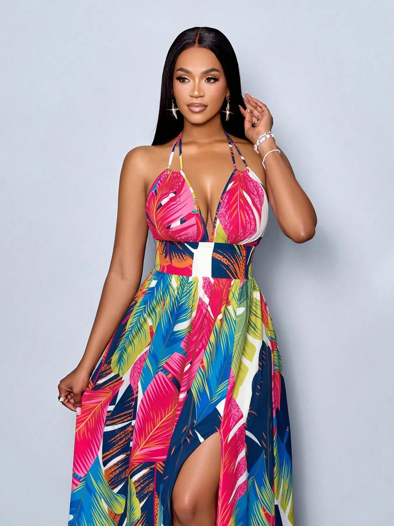 Tropical Feather Print Halter Maxi Dress