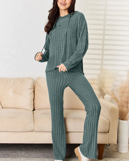 Basic Bae Full Size Ribbed Drawstring Hooded Top and Straight Pants Set Deep Teal