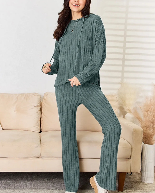 Basic Bae Full Size Ribbed Drawstring Hooded Top and Straight Pants Set Deep Teal