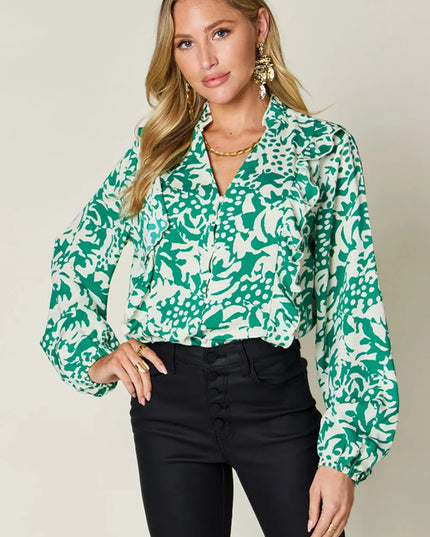 Double Take Full Size Printed Ruffle Trim Balloon Sleeve Shirt Mid Green