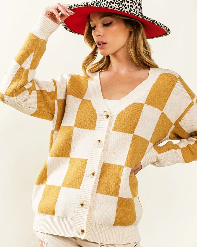 BiBi Checked V-neck Cardigan IVORY CAMEL