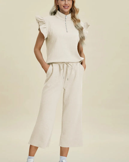 Double Take Full Size Texture Ruffle Short Sleeve Top and Wide Leg Pants Set