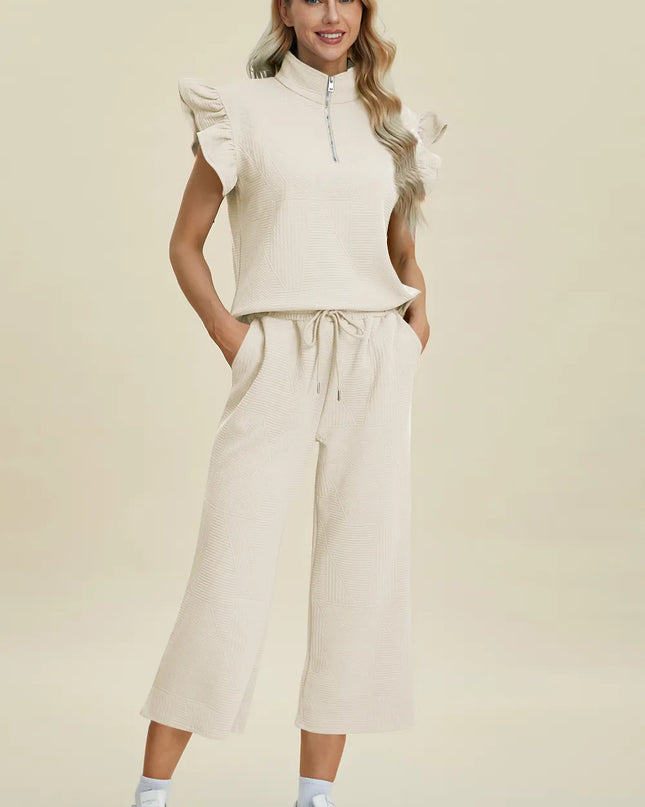 Double Take Full Size Texture Ruffle Short Sleeve Top and Wide Leg Pants Set