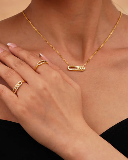 Moving Crystal Bar Necklace and Ring Jewelry Set 