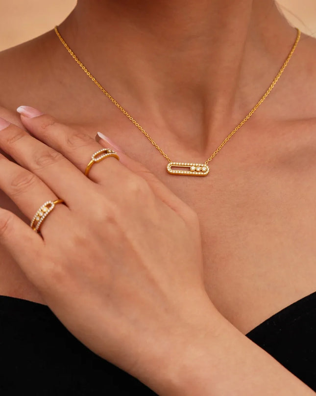 Moving Crystal Bar Necklace and Ring Jewelry Set 