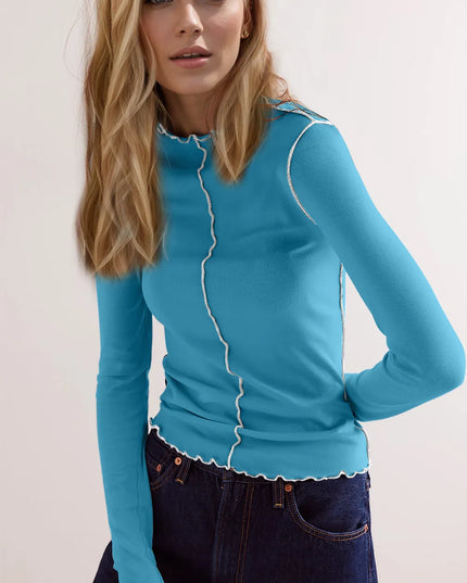 Basic Bae Contrast Trim Mock Neck Long Sleeve T-Shirt Cerulean