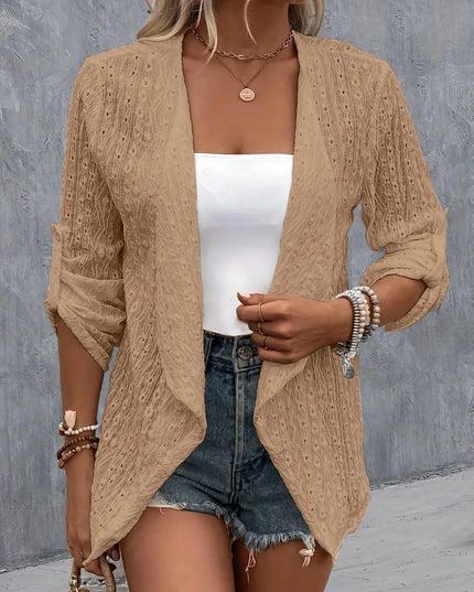 Eyelet Roll-Tab Sleeve Cardigan Camel