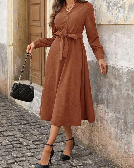 Long Sleeve Button Front Belted Midi Dress