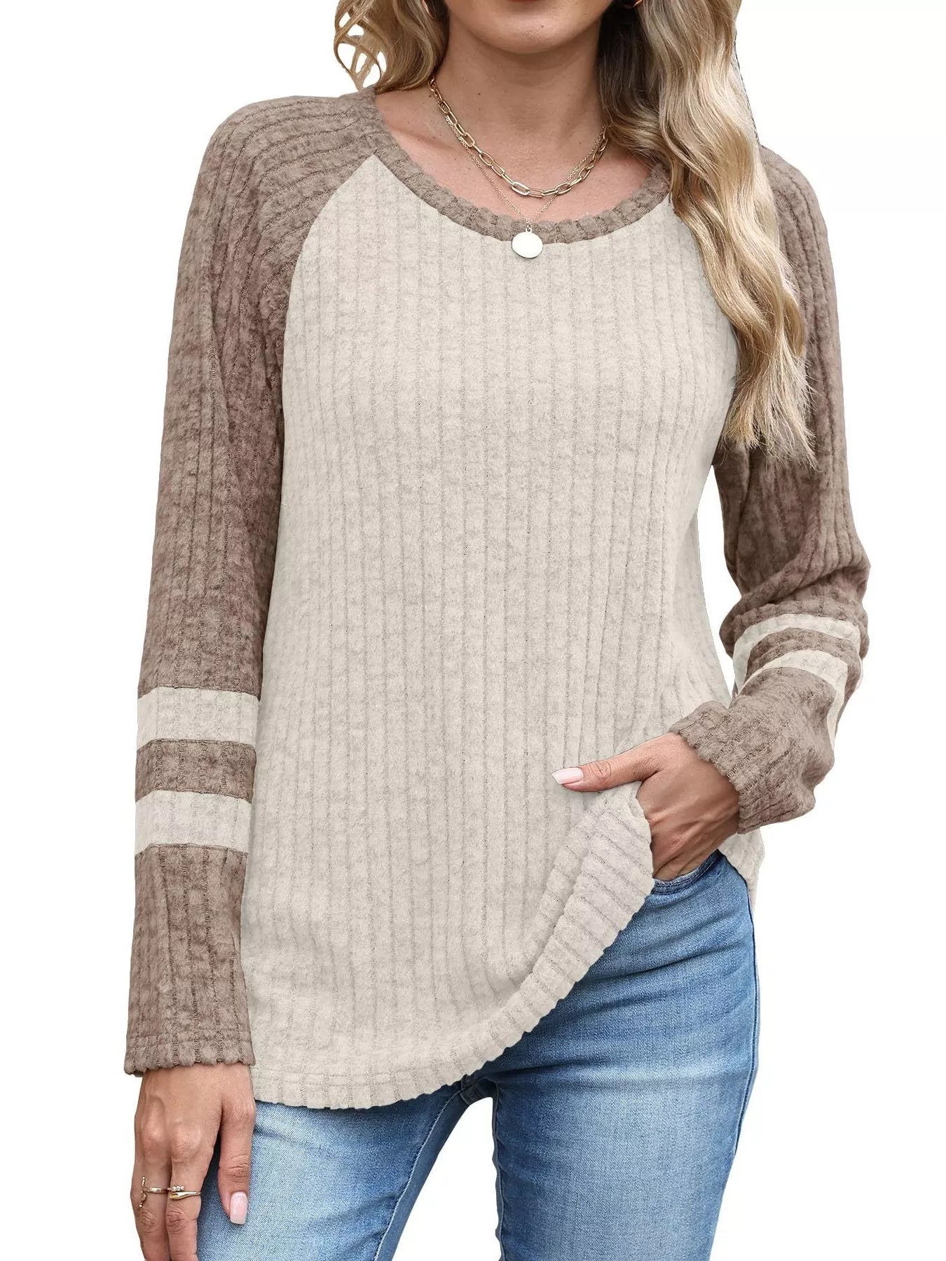 Ribbed Round Neck Raglan Sleeve Top