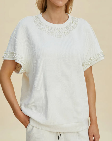 Double Take Full Size Pearl Detail Round Neck Top and Pants Set
