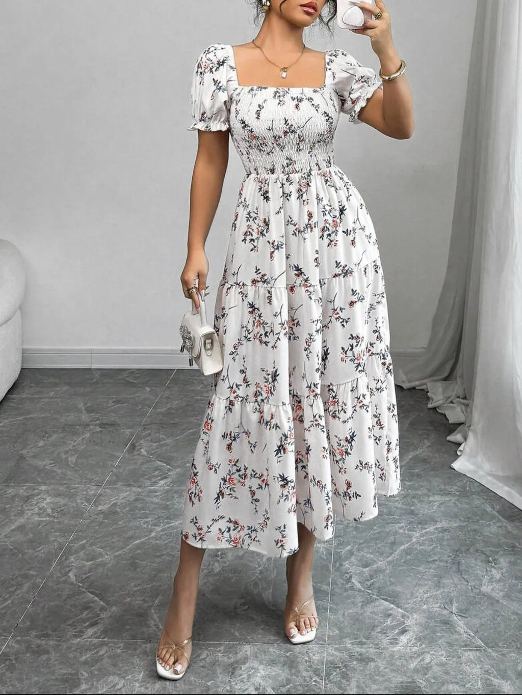 Floral Print Square Neck Puff Sleeve Midi Dress