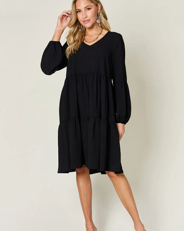 Double Take Full Size V-Neck Balloon Sleeve Tiered Dress with Pockets